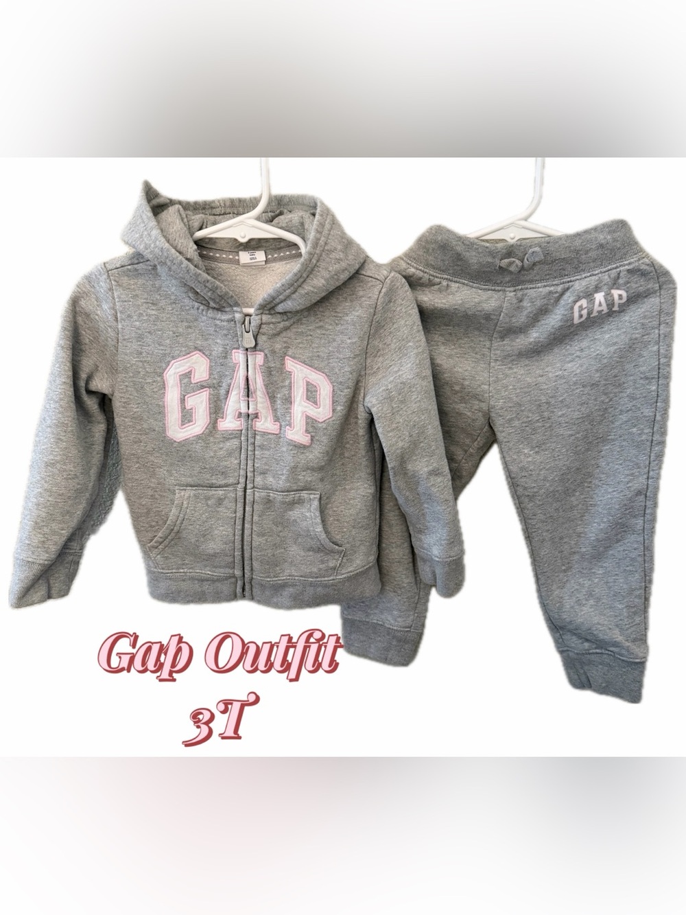 GAP Toddler Girl 2T Matching Grey Zip Hoodie with Pink Logo & Pant Set EUC